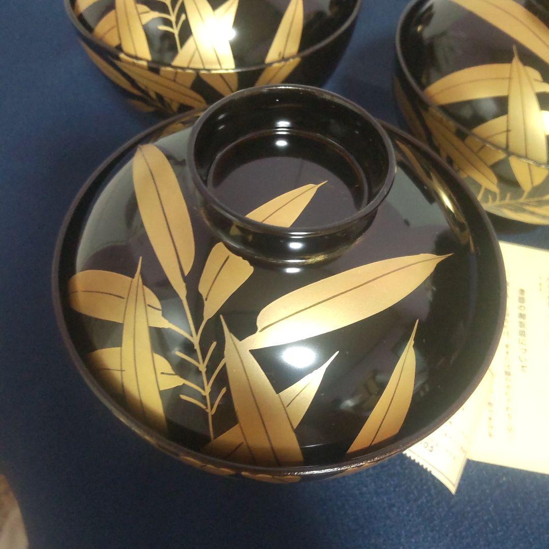 会津塗 天然木 蓋付 椀 お椀 5客 箱付 金彩 高級漆器 雀山