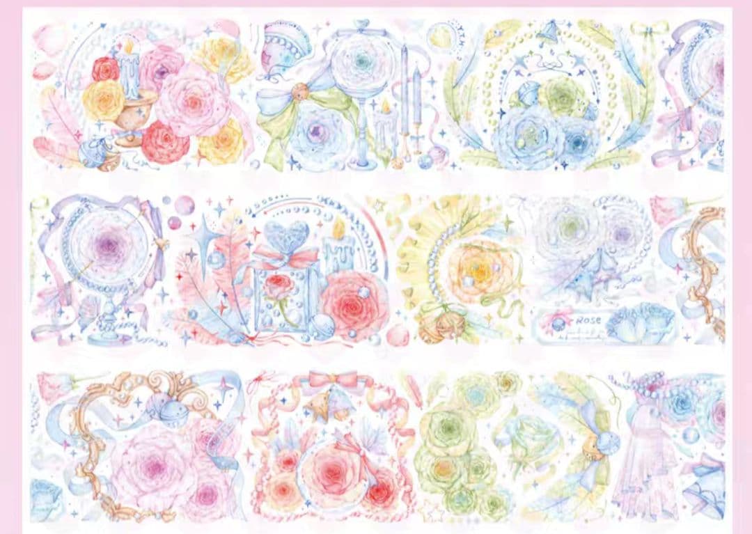 巻売 595★ 海外 マスキングテープ マステ PET 花 薔薇 镭射銀+贝壳光