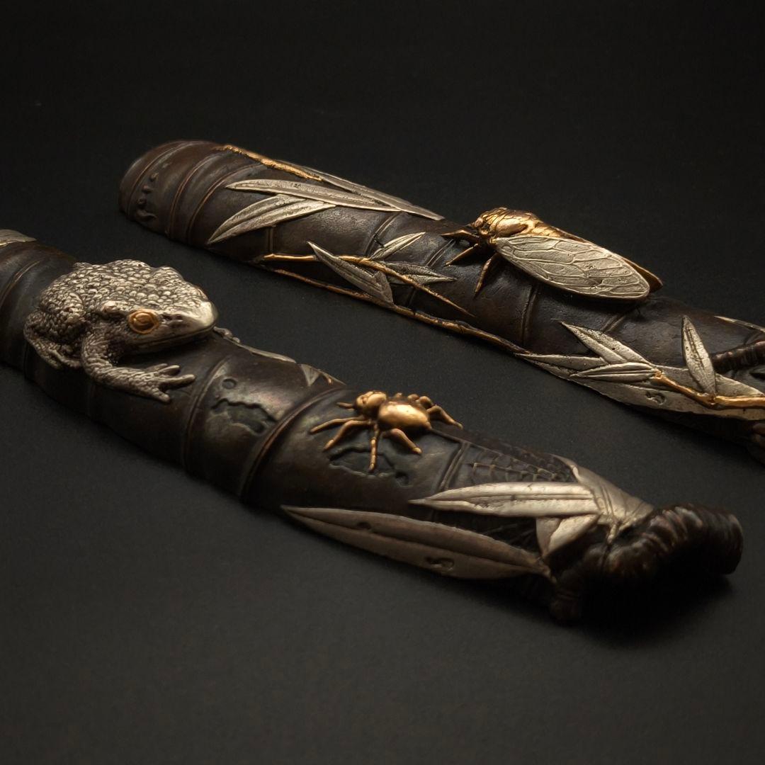 銅製鎮紙　文鎮　夏虫の図　鎮尺　金工師　金工品　絵金銀　竹形　インテリア置物