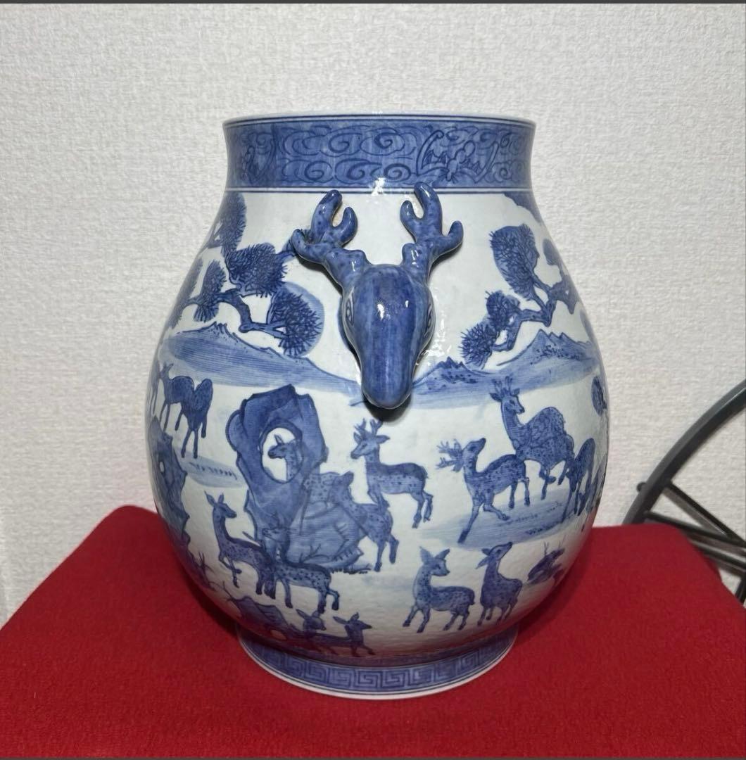 中国美術　百鹿図　鹿耳尊花瓶　青花　大明萬暦年製　骨董　双鹿耳大壺　染付