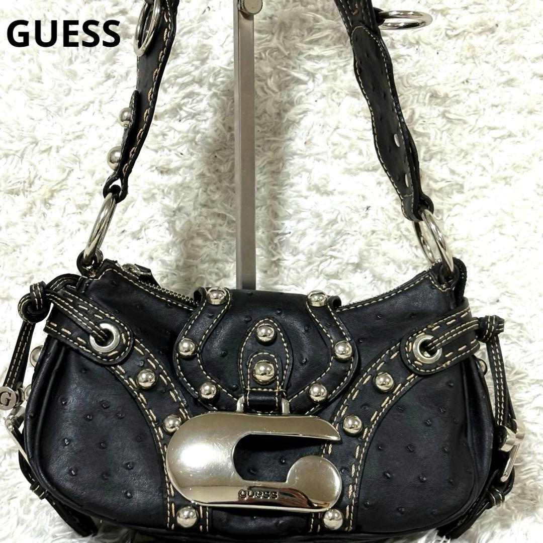 GUESS ゲス　Y2K ショルダーバッグ スタッズ　オーストリッチ型押し