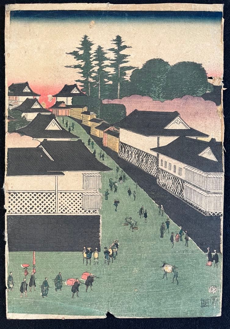 浮世絵　歌川広重　廣重　東都名所霞ヶ関　江戸名所絵　木版画　3連画　アンティーク