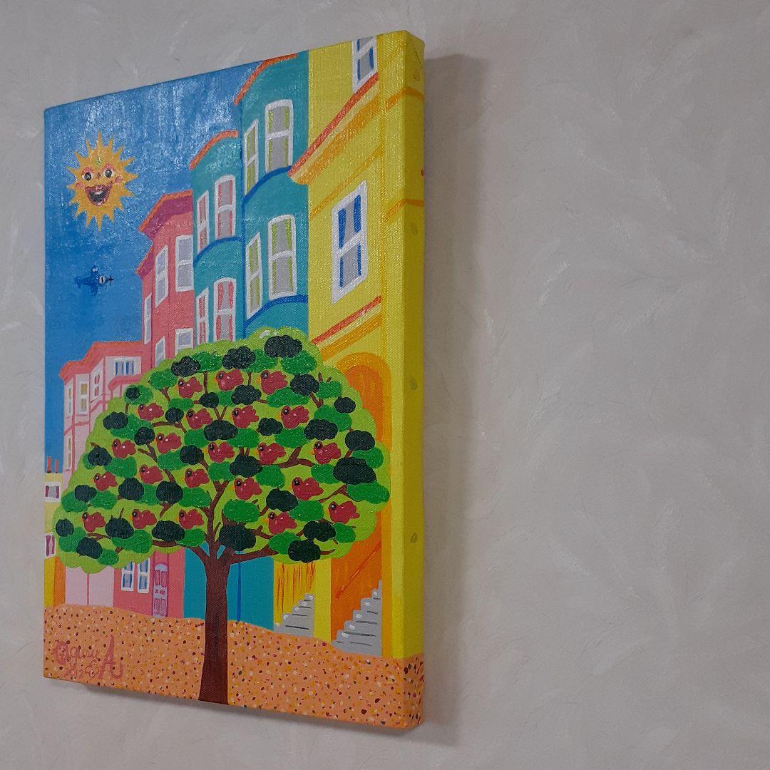 サンフランシスコの赤い鳥とハッピー太陽　F4号　アクリルガッシュ作品