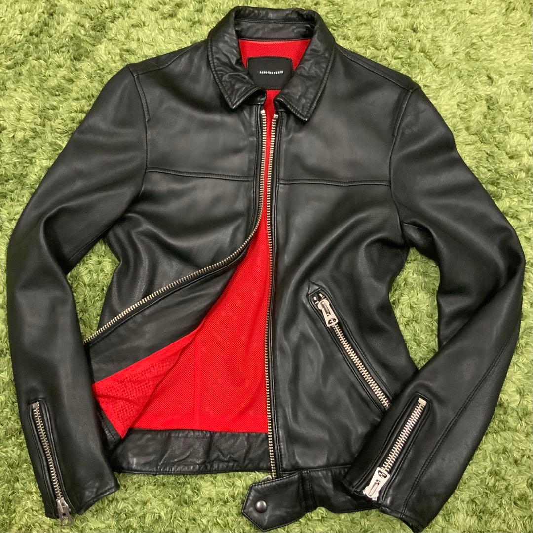 美品 ラムレザー ナノユニバース 裏地赤メッシュ ビッグジッパー メンズS