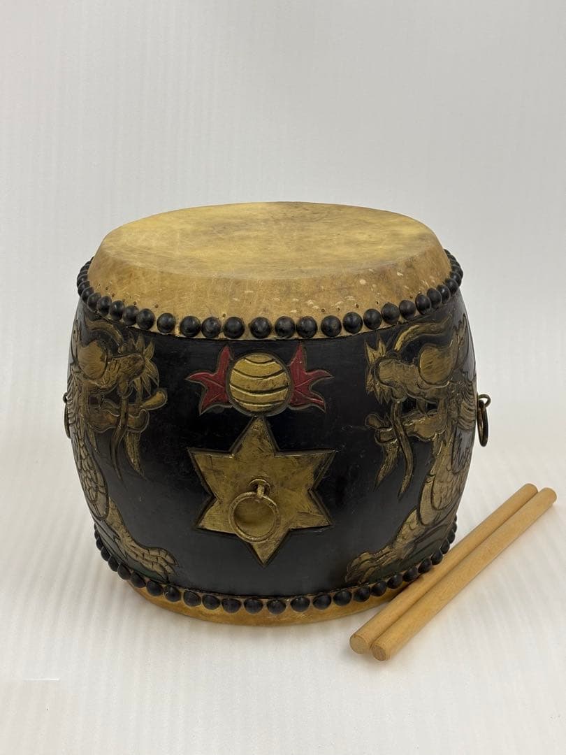 和太鼓　太鼓　アンティーク　14in 木彫り　龍彫り　長期保管品