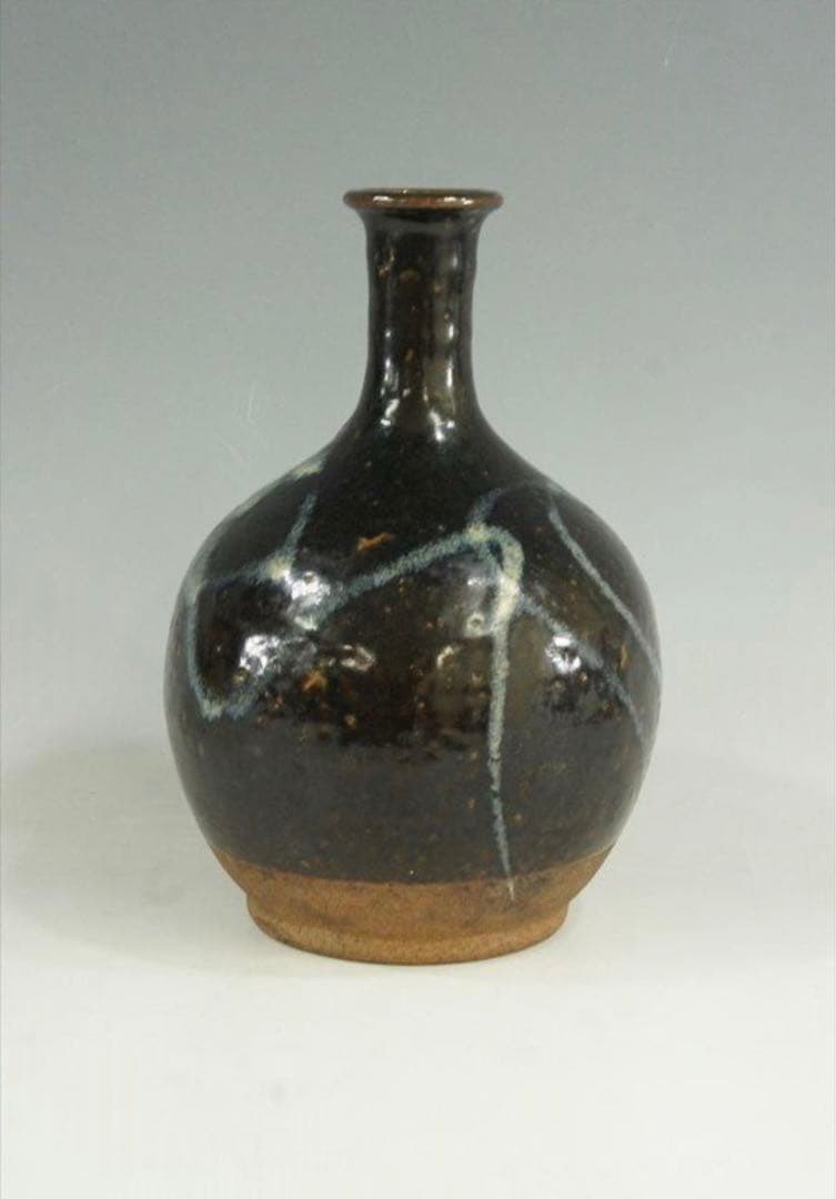 花器 古唐津 武雄系 素麺手 黒釉 茶道具 懐石 茶道 徳利 花入 骨董 古美術