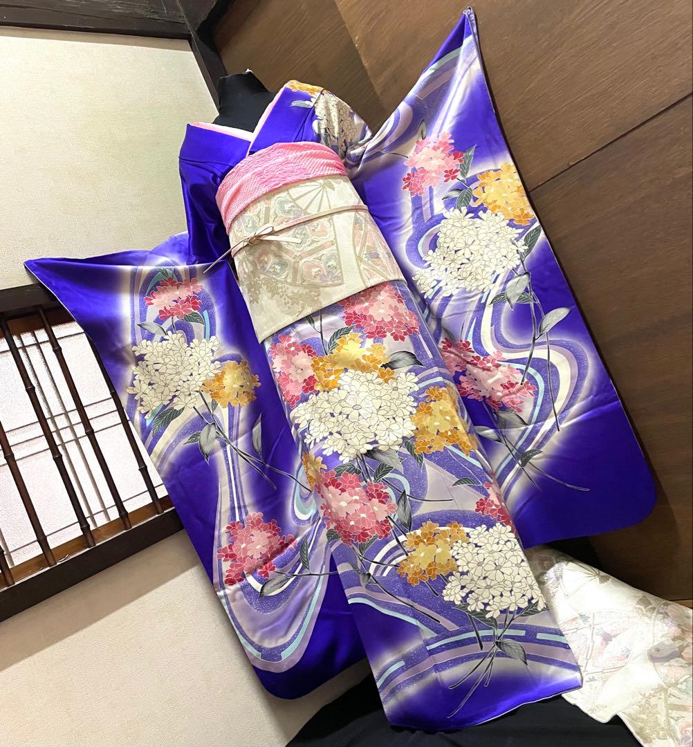 振袖フルセット6点サイズM〜Ｌ相良刺繍　振袖　流水花文　暈し染め　金彩　正絹