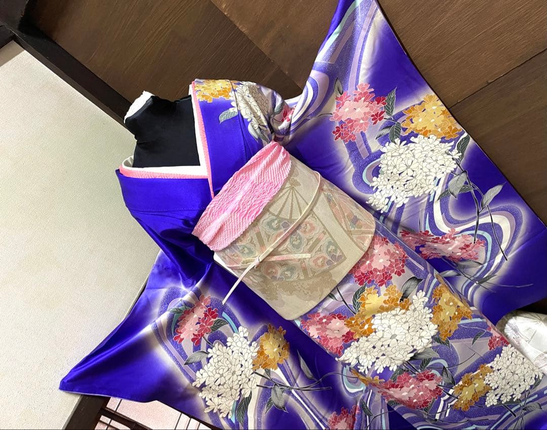 振袖フルセット6点サイズM〜Ｌ相良刺繍　振袖　流水花文　暈し染め　金彩　正絹