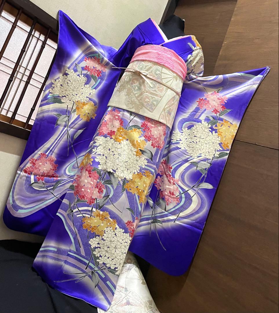 振袖フルセット6点サイズM〜Ｌ相良刺繍　振袖　流水花文　暈し染め　金彩　正絹