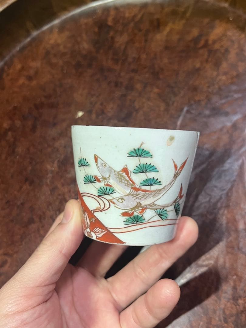 古伊万里　無傷完品　鮎　色絵　流水　そば猪口　蕎麦猪口　双魚