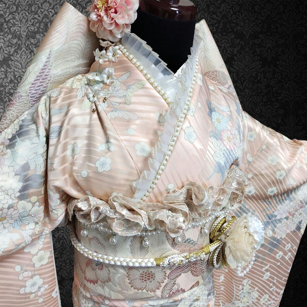 振袖フルセット(9点)・成人式・古典柄・銀駒刺繍・大輪牡丹・くすみカラー・花模様