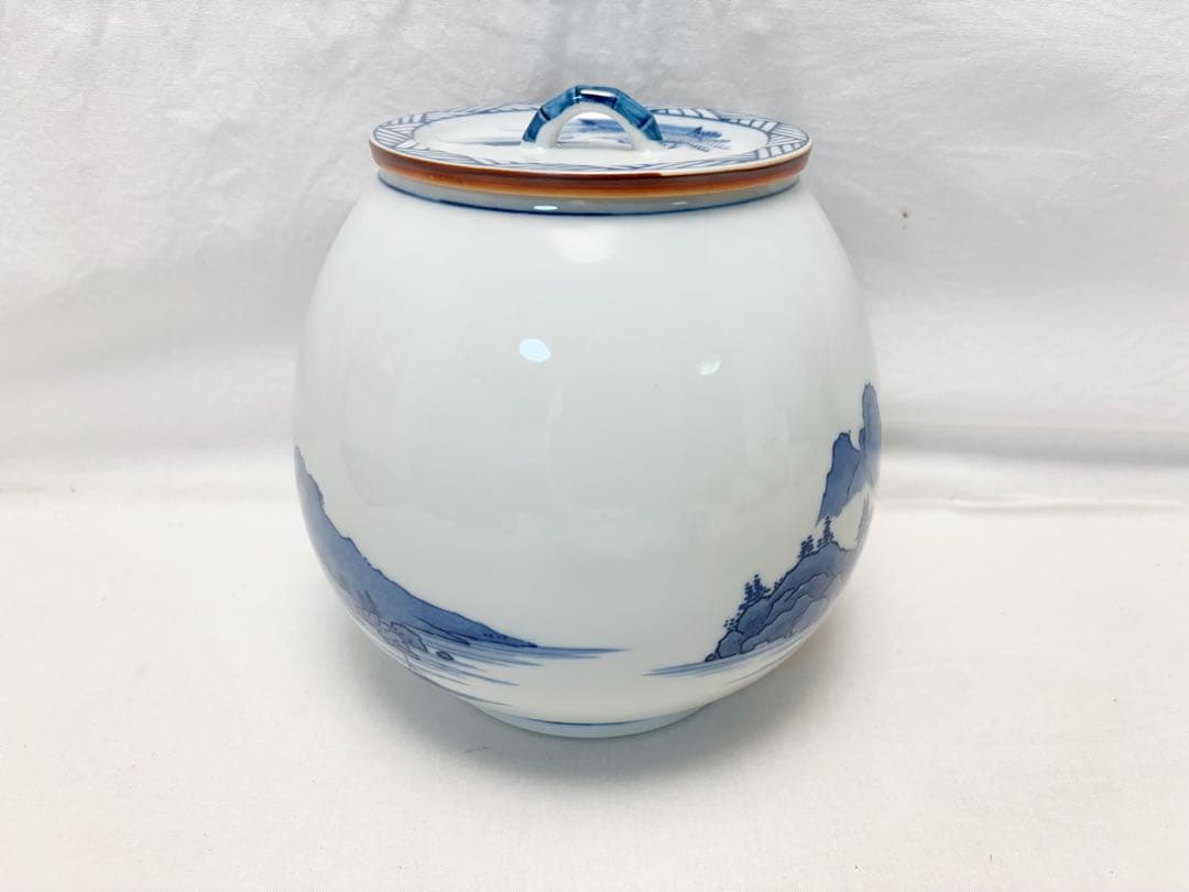 未使用 茶道具 加藤郷山造 山水染付 芋頭 水指 底印 煎茶道具 茶事 茶会共箱