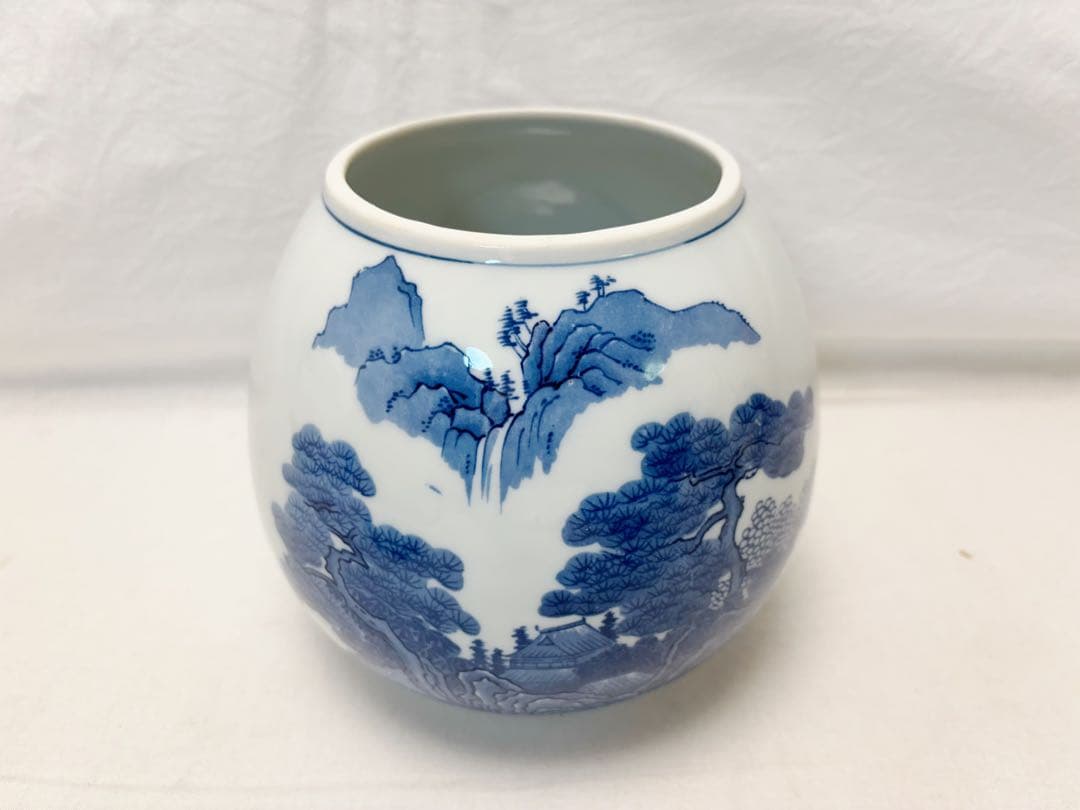 未使用 茶道具 加藤郷山造 山水染付 芋頭 水指 底印 煎茶道具 茶事 茶会共箱