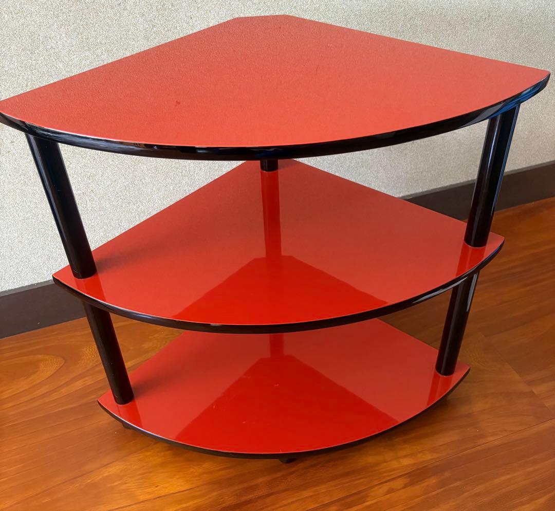 和テイスト 工芸品 木製 コーナー型 3段シェルフ コーナーラック 赤