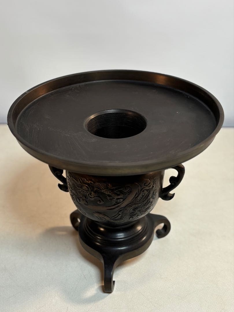 薄端 唐銅 龍 虎 模様　三脚　華道具　花器　茶道具　古道具