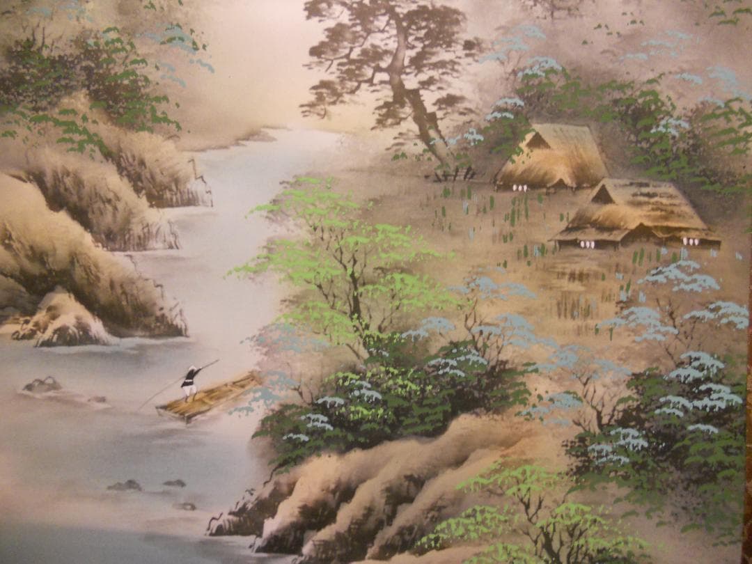 掛け軸 玉芳 彩色山水 絹本 希少 軸装 茶道具 掛軸 美品 です。