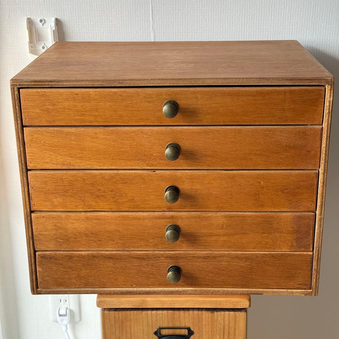 送料込み｜アンティーク調　木製の小引き出し　A3サイズ　5段　つまみタイプ