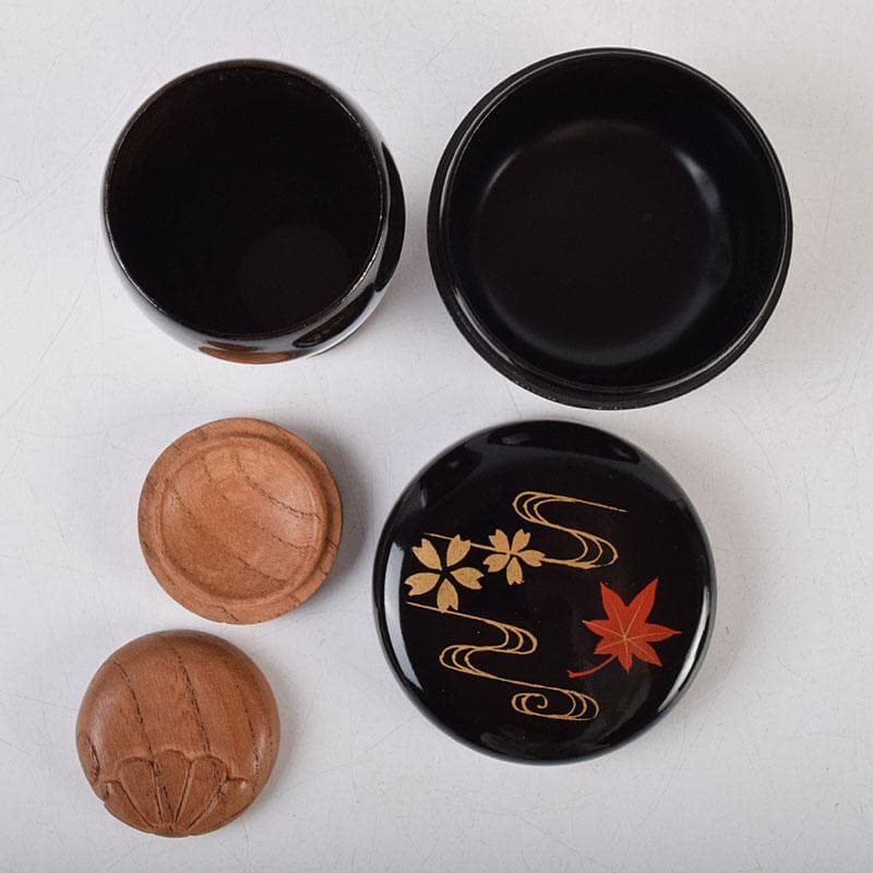 茶道具　黒漆　春秋蒔絵　茶箱　棗　巾筒など　九点　一式　仕覆付　M　R9327