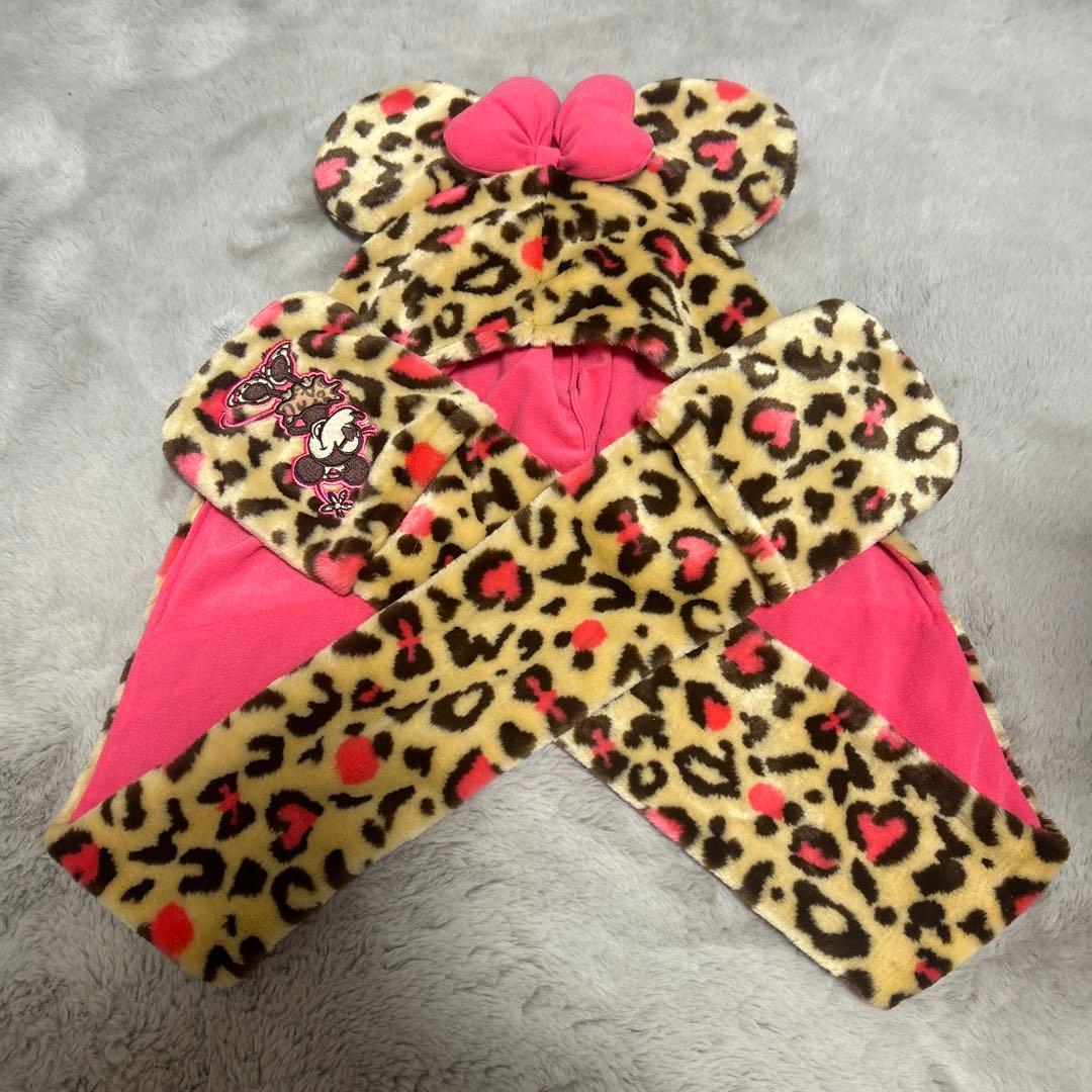 ディズニー ミニーマウス ヒョウ柄 マフラーキャップ ピンク