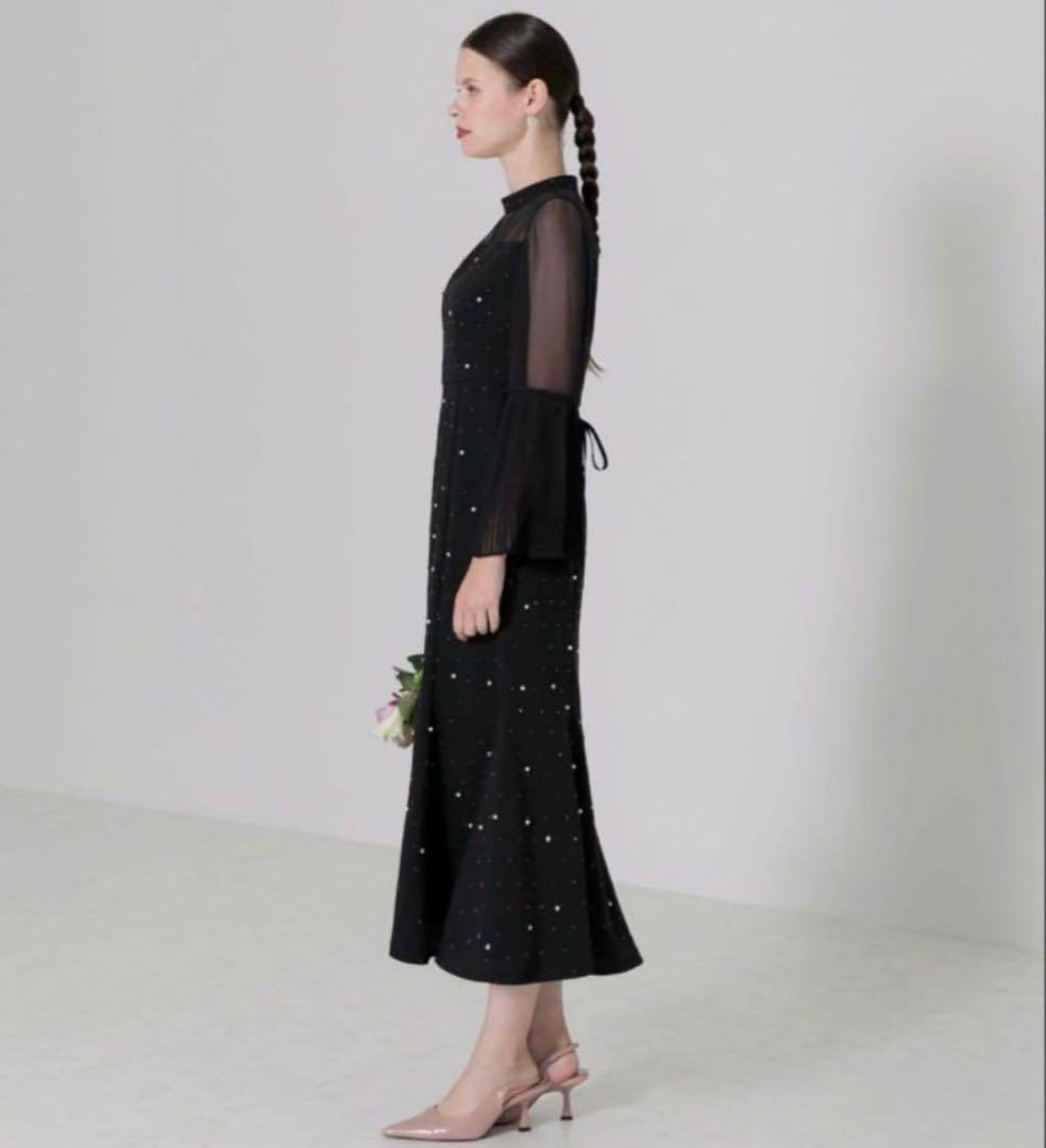 パールビジュー付透け感プリーツフレアスリーブビーズマーメイドシルエットワンピース