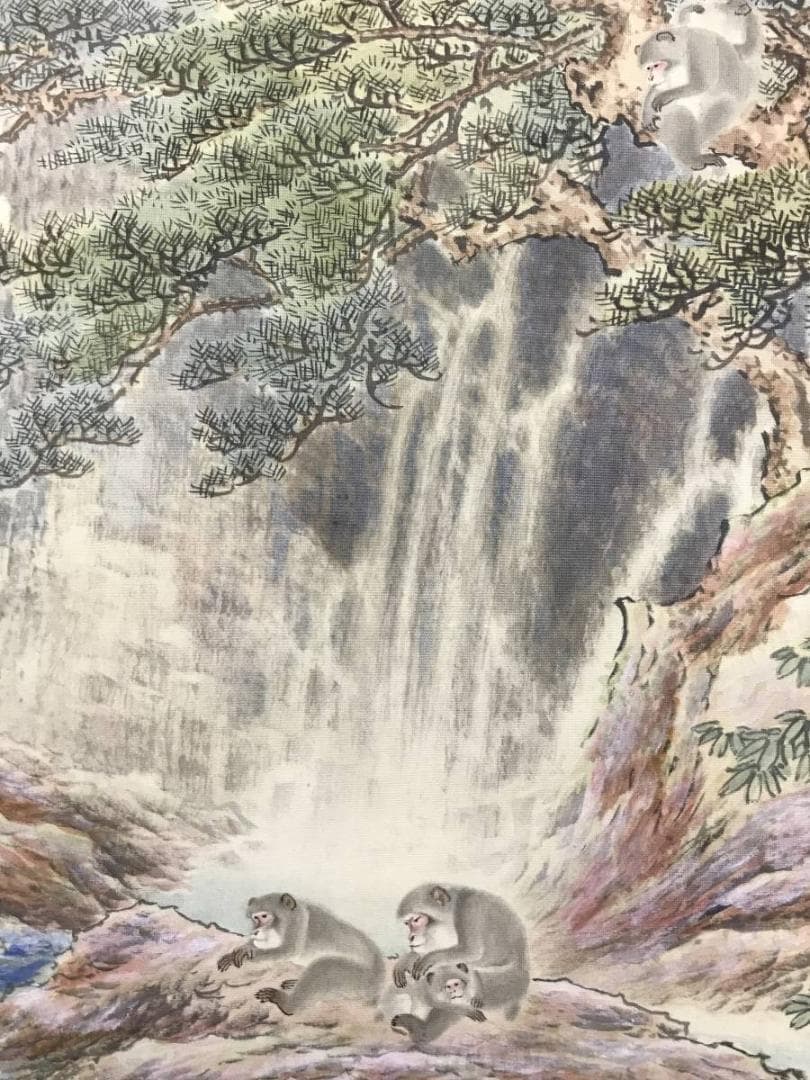 真作/吉村鳳柳/渓流遊猿之図/山水図/猿図/花鳥図/掛軸/名家伝来/AE-261