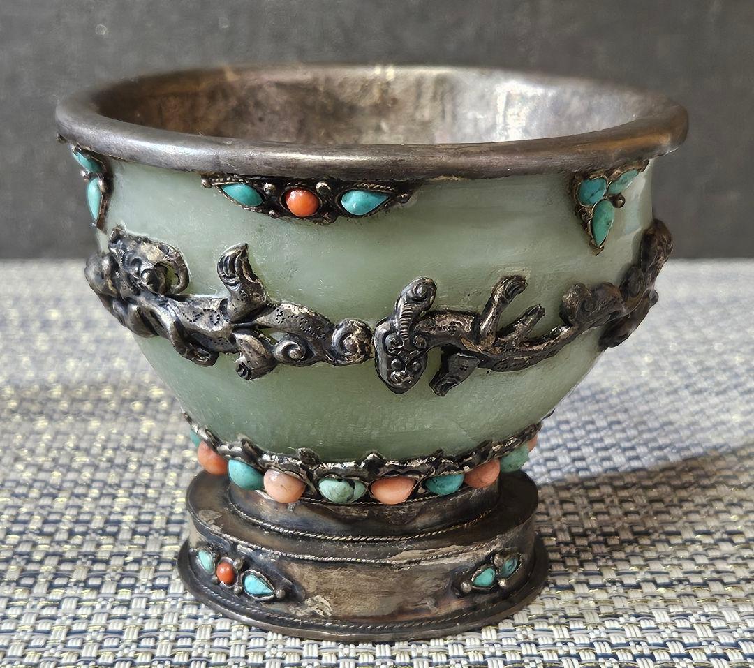 時代古作品❗中国古美術　大陸古美術　チベット古美術　銀彩龍飾り玉飾　酒杯　香炉