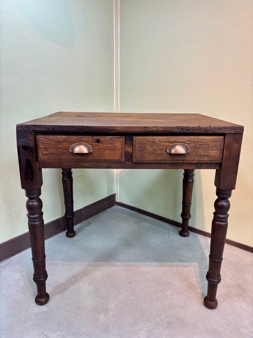 古家具 アンティーク机 2杯引き出し サイドテーブル ろくろ脚 無垢