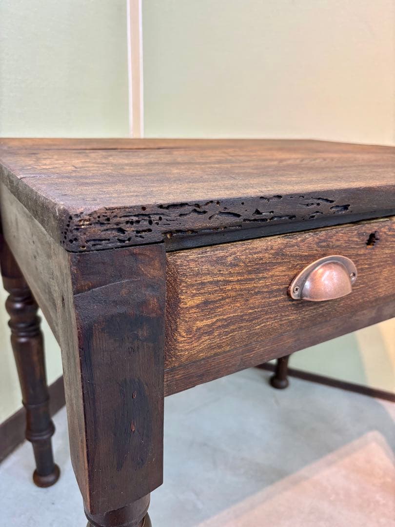 古家具 アンティーク机 2杯引き出し サイドテーブル ろくろ脚 無垢