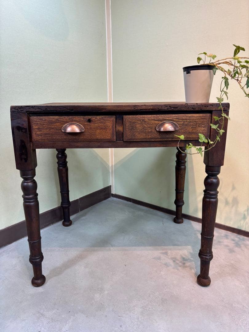 古家具 アンティーク机 2杯引き出し サイドテーブル ろくろ脚 無垢