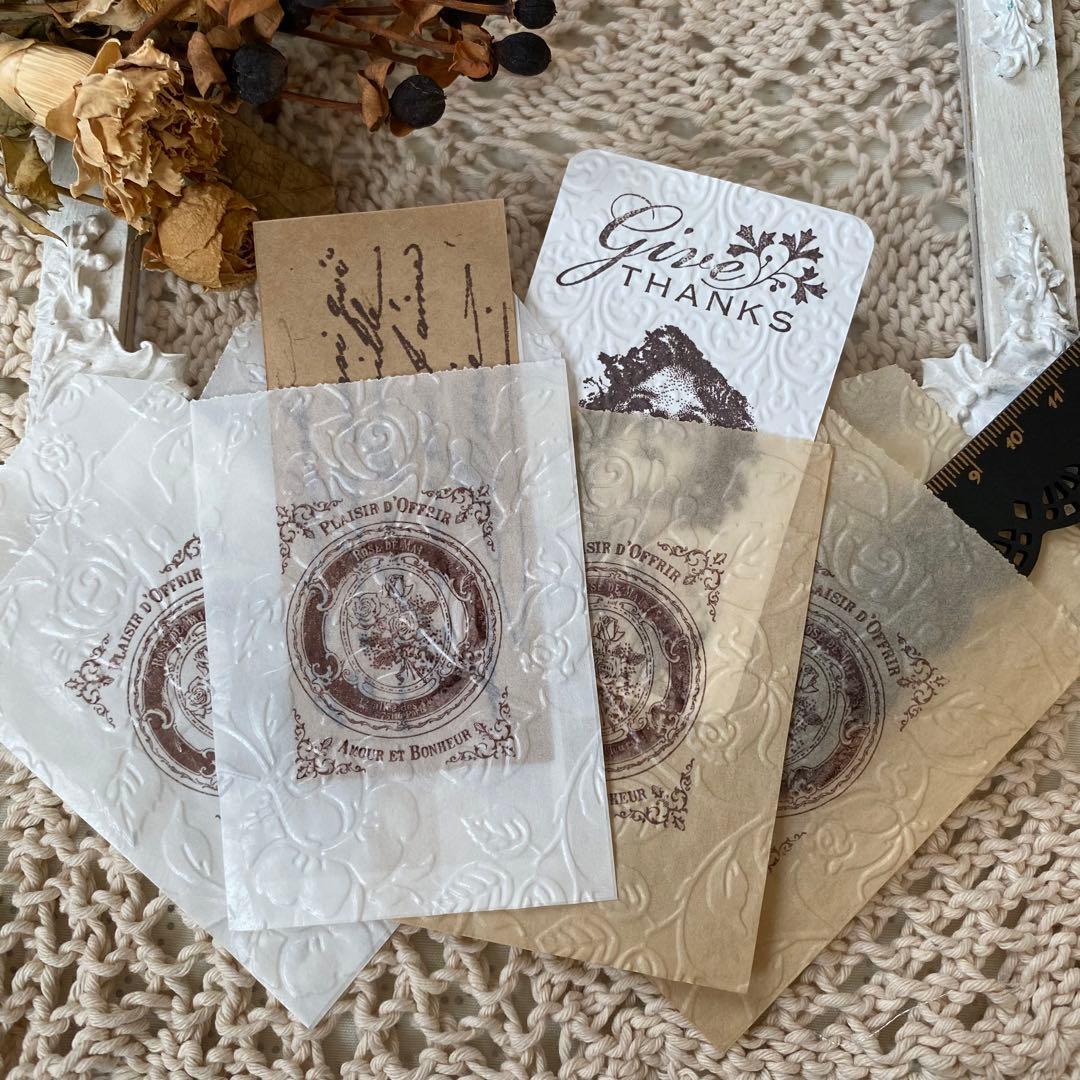 グラシン封筒〜ローズ＆ローズ〜アンティークスタンプ♡エンボス加工♡コーヒー染め