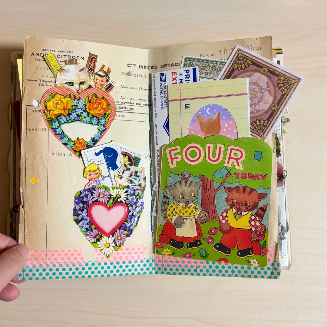 猫のジャンクジャーナル　コラージュ　おすそ分け　紙もの　ラベル　素材　絵本