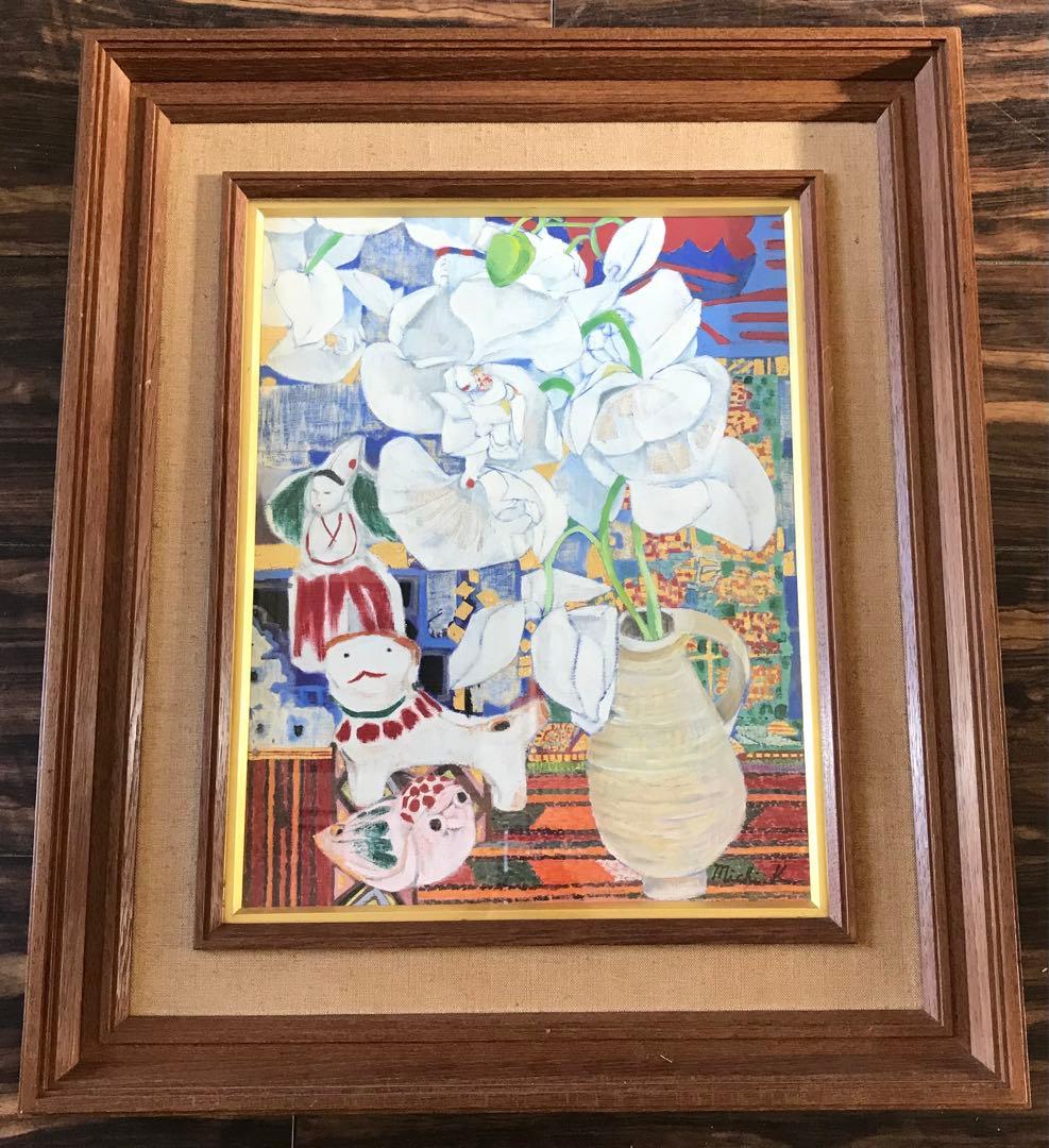 上河辺みち 油彩 「胡蝶蘭」額装 共シール 絵本挿絵画家 1974年 油絵 D