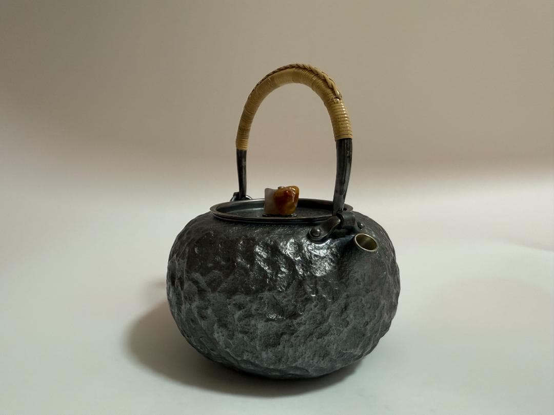 純銀製 瑪瑙摘み ひしき 岩目 湯沸 銀瓶 煎茶道具