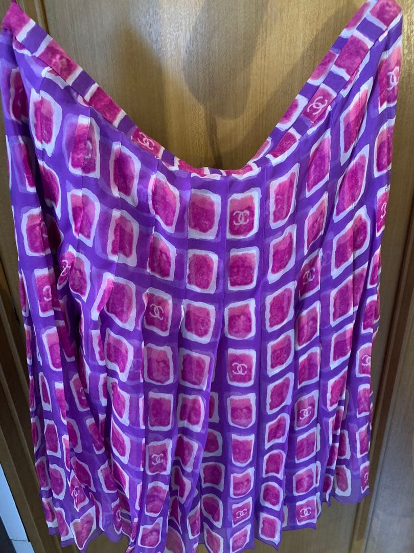 CHANEL チェックCHANEL柄フレアスカート 紫ピンク未使用品