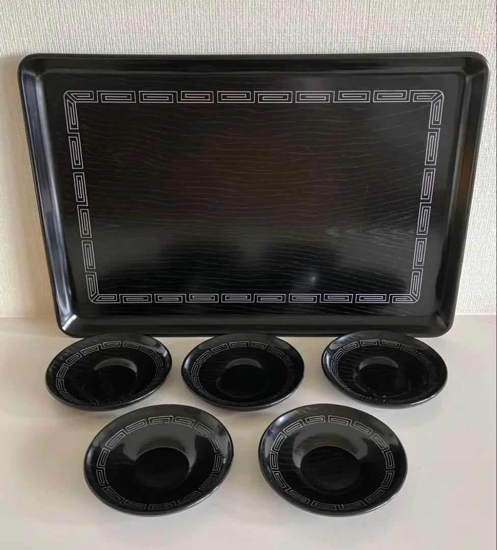 輪島塗　漆器　角盆と茶托5枚　雷紋