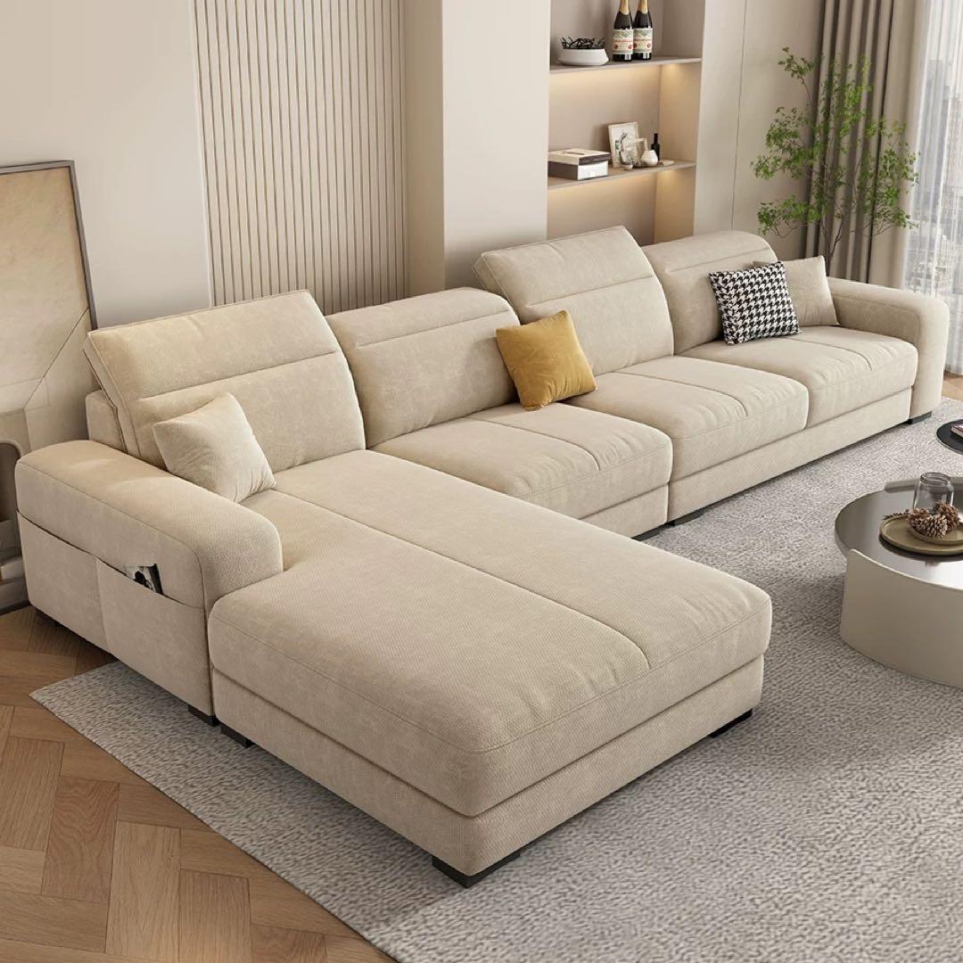 ベージュ L字型ファブリックソファ カウチ付き