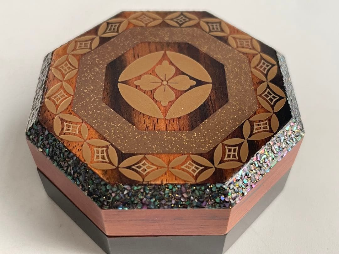 茶道具　茶平一斎　七宝八角香合　黒柿　木地香合　共箱　輪島塗　螺鈿　漆器