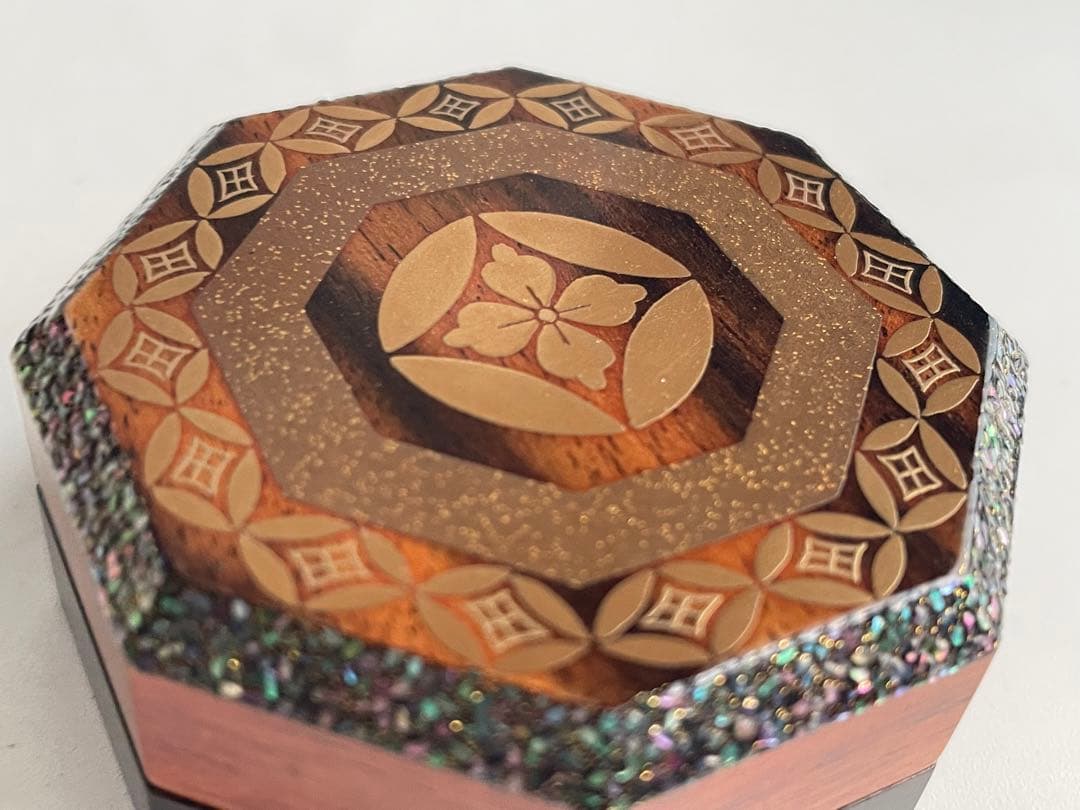 茶道具　茶平一斎　七宝八角香合　黒柿　木地香合　共箱　輪島塗　螺鈿　漆器