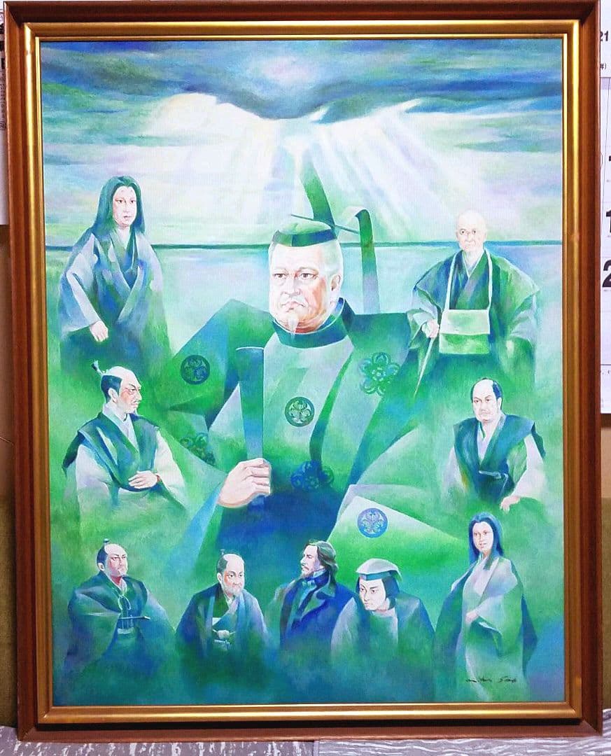 1点物！油絵50号『御来光差す徳川家康と側近』歴史物　額入り