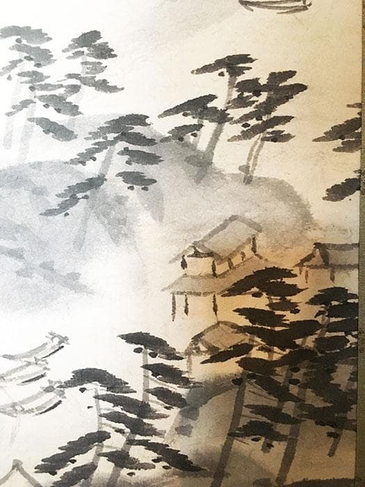 掛軸 漁村 人 舟 中国 山 銘あり 共箱 中古 古物 19.08.03-3.