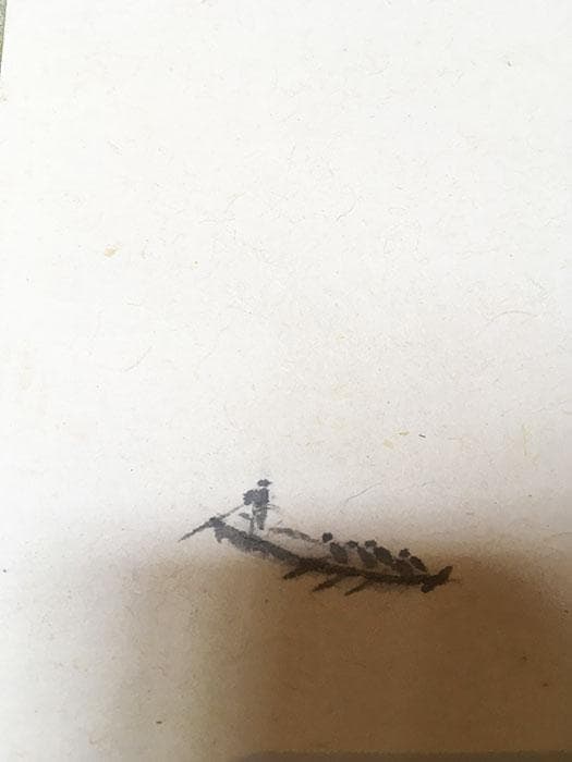 掛軸 漁村 人 舟 中国 山 銘あり 共箱 中古 古物 19.08.03-3.