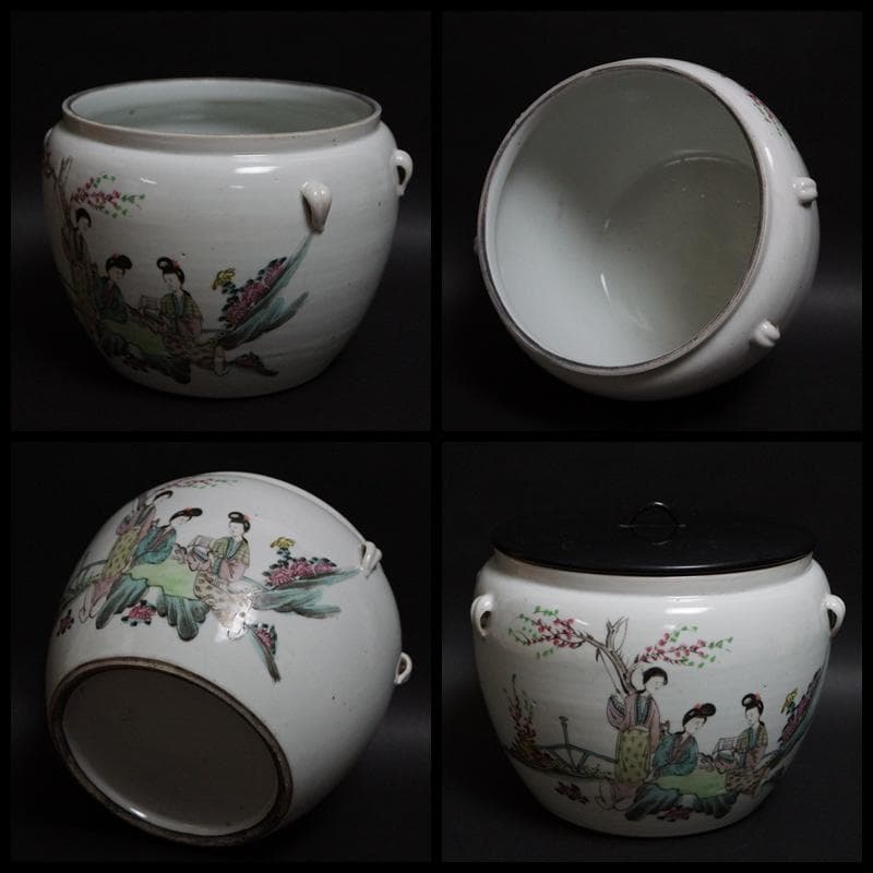 民国期 粉彩色絵『美人漢詩文』飾壺 水指 木製漆蓋付★時代物★茶事/茶道具