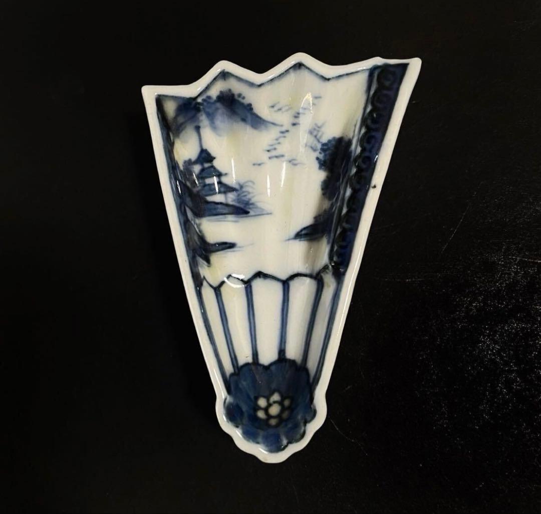 【稀少品】「母」中国古玩 古染付 風景図 扇面形 豆皿 10客 （YR）