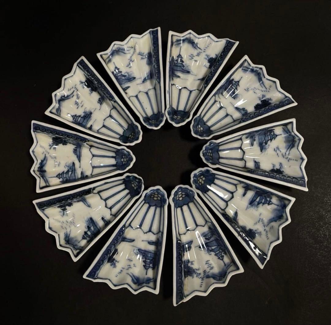 【稀少品】「母」中国古玩 古染付 風景図 扇面形 豆皿 10客 （YR）