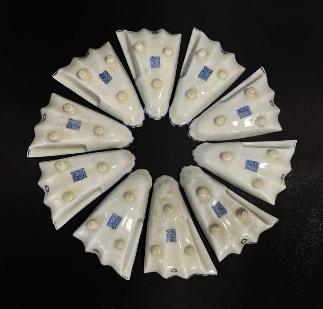 【稀少品】「母」中国古玩 古染付 風景図 扇面形 豆皿 10客 （YR）