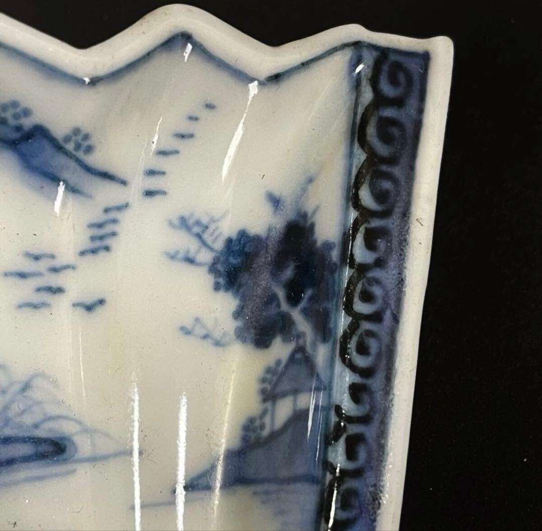 【稀少品】「母」中国古玩 古染付 風景図 扇面形 豆皿 10客 （YR）