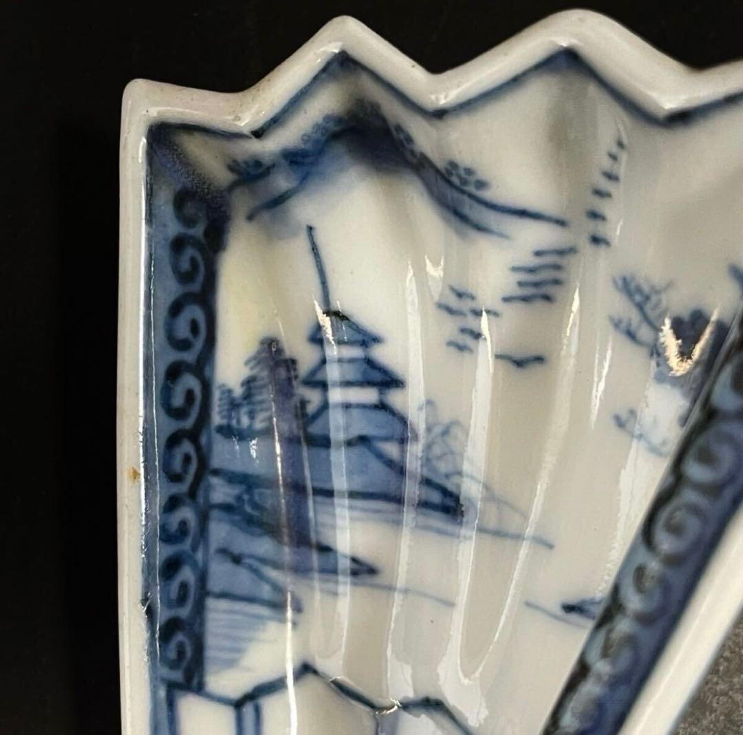 【稀少品】「母」中国古玩 古染付 風景図 扇面形 豆皿 10客 （YR）