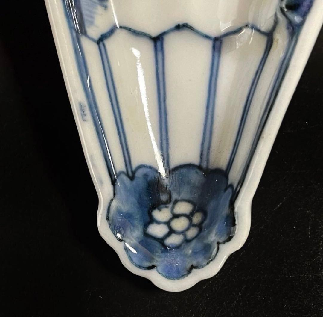 【稀少品】「母」中国古玩 古染付 風景図 扇面形 豆皿 10客 （YR）