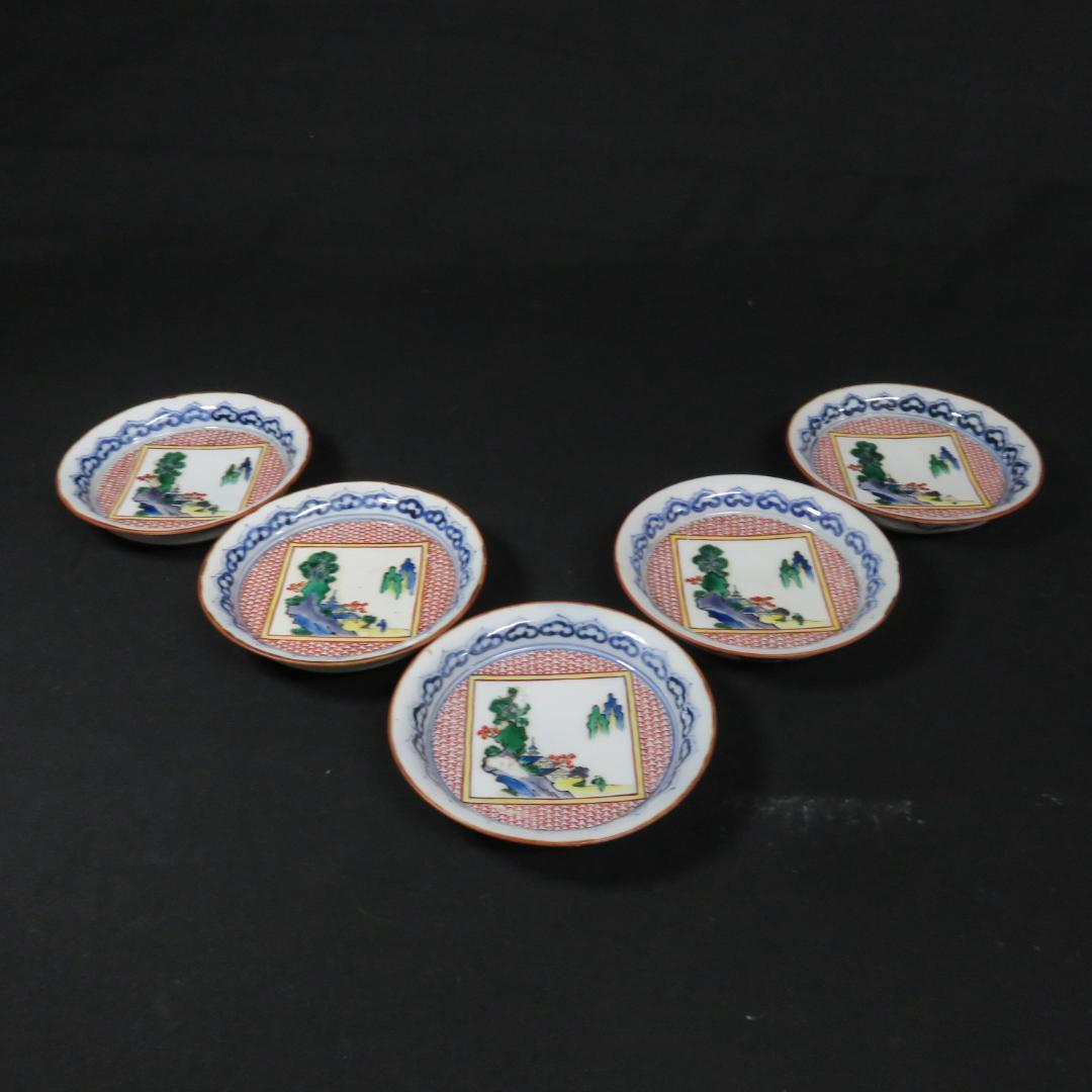 小皿 5枚 色絵付 角福 山水 訳アリ ニュウ アマテ 3枚 古伊万里