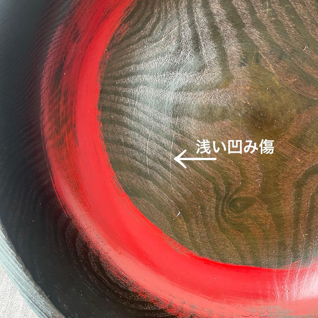 こね鉢　木製　無垢材　くり抜き　刷毛目　漆塗　松材？　大型ボウル　黒に赤丸